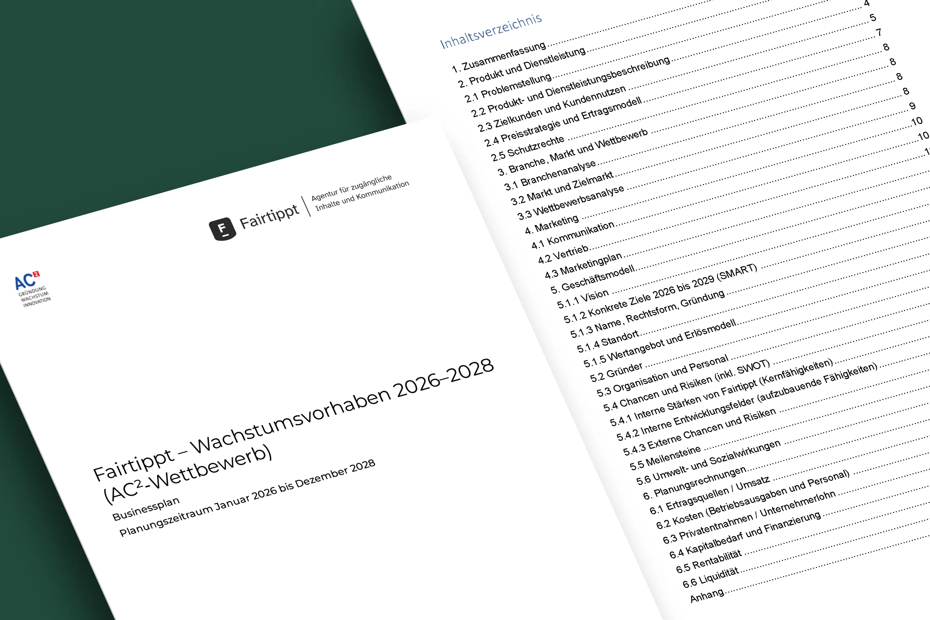 Mock-up des Fairtippt-Businessplans mit Deckblatt und Inhaltsverzeichnis.