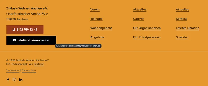Screenshot des zugänglichen Footers der Website von Inklusiv Wohnen Aachen e.V.