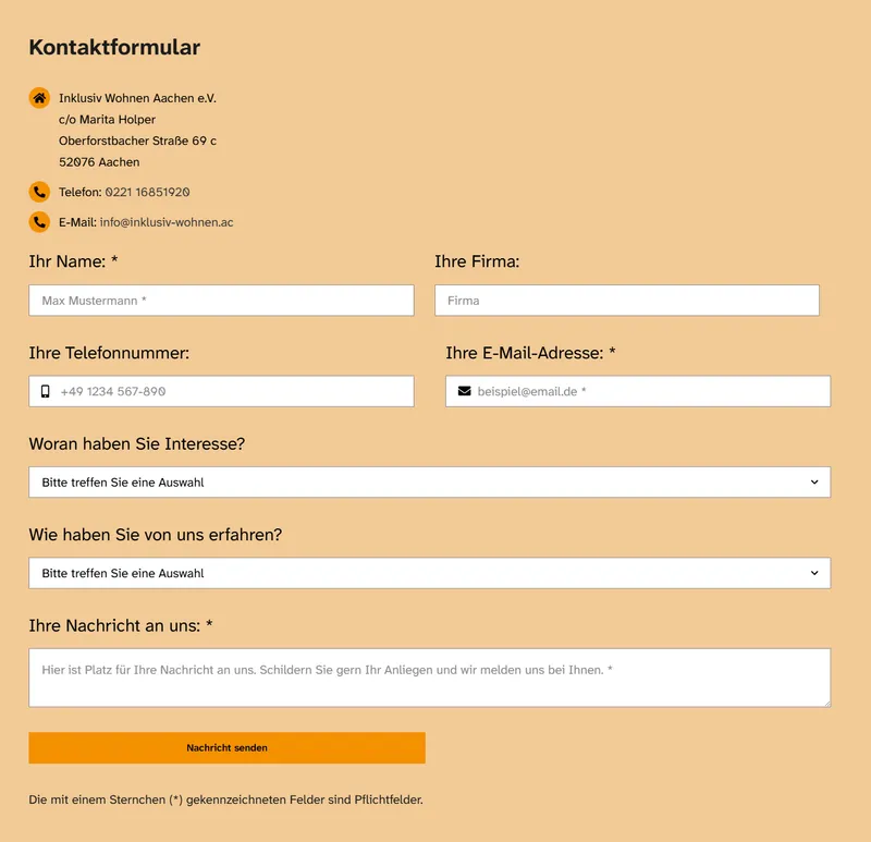 Screenshot des barrierearmen Kontaktformulars der Website von Inklusiv Wohnen Aachen e.V.