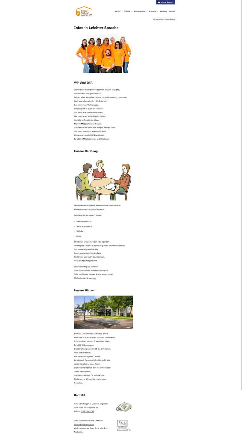 Screenshot der Landingpage in Leichter Sprache von Inklusiv Wohnen Aachen e.V.