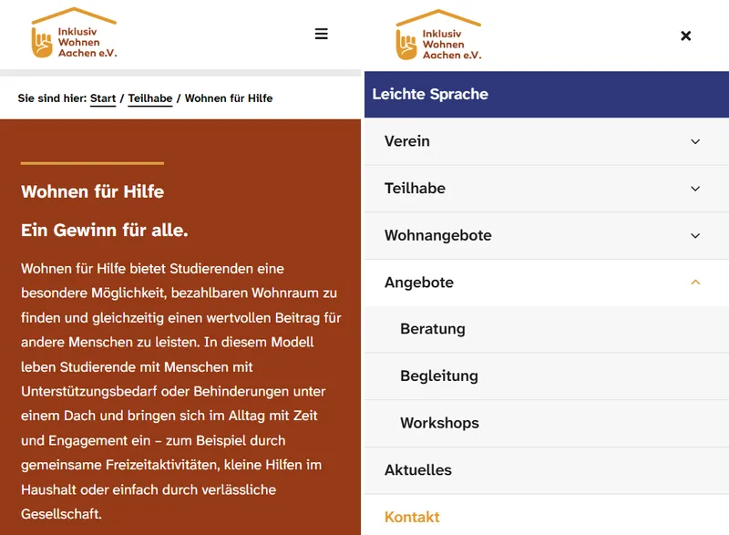 Ansicht der Website von Inklusiv Wohnen Aachen e.V. auf mobilen Endgeräten.