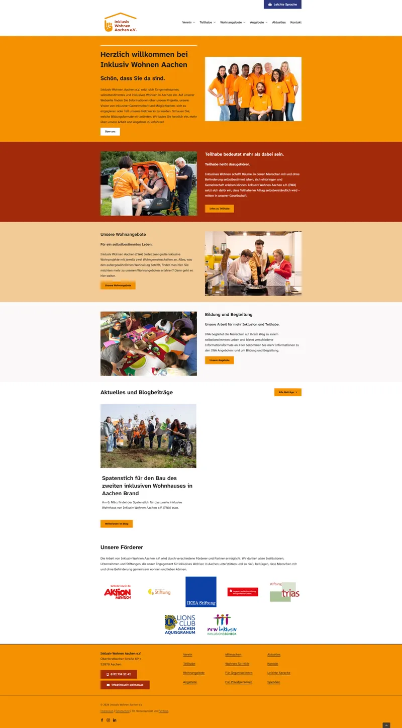 Screenshot der Startseite der Website von Inklusiv Wohnen Aachen e.V.
